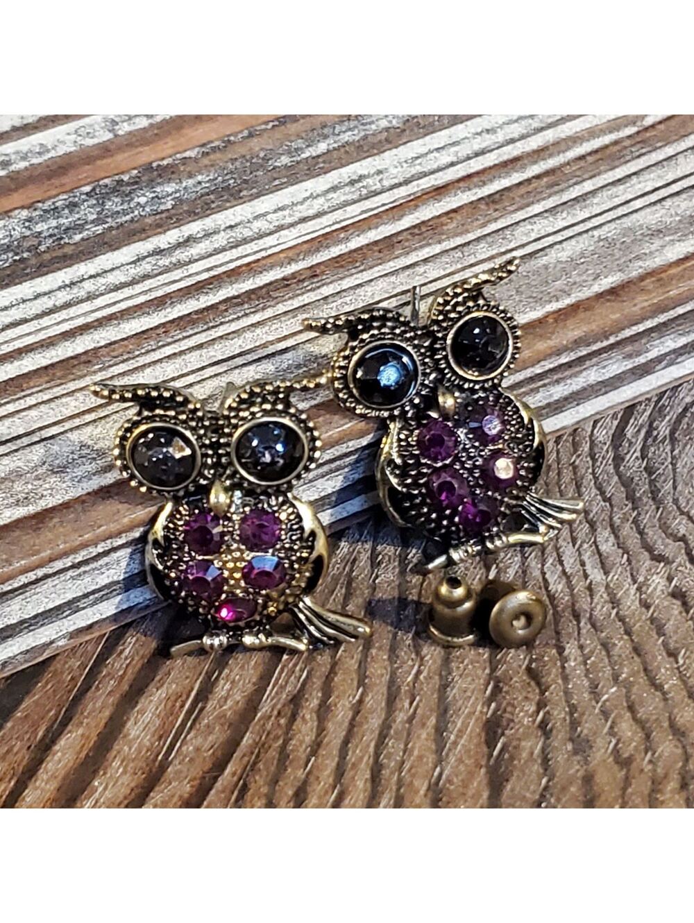 Angry Owl Bronze Vintage 90s Y2K New Crystal Stud Earrings Purple